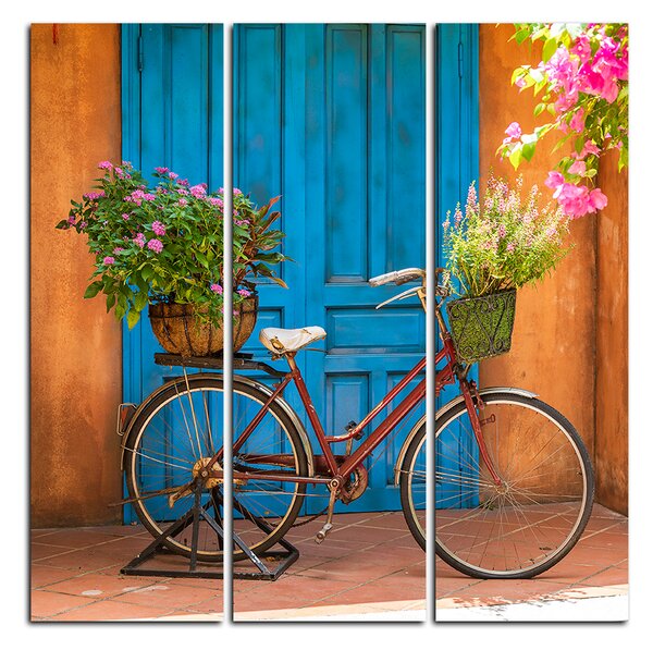 Obraz na plátne - Pristavený bicykel s kvetmi - štvorec 374B (75x75 cm)