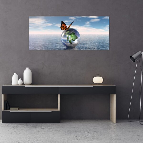 Obraz motýľa na sklenenej guli (120x50 cm)