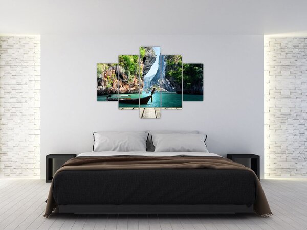 Obraz dlhej lode na pláži (150x105 cm)