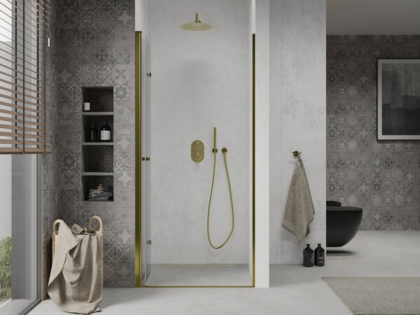 Mexen Lima, skladacie sprchové dvere do otvoru 70 x 190 cm, 6mm číre sklo, zlatý profil, 856-070-000-50-00