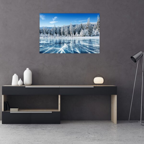 Obraz zamrznutého jazera a zasnežených stromov (90x60 cm)