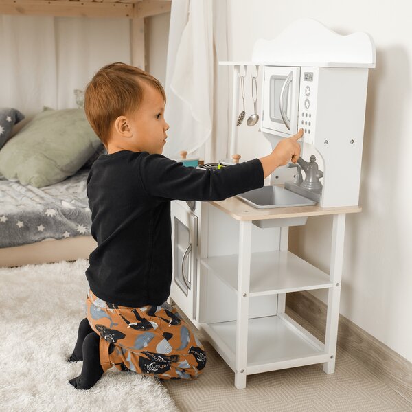 KONDELA Detská drevená kuchynka, biela/prírodná, EMIEL