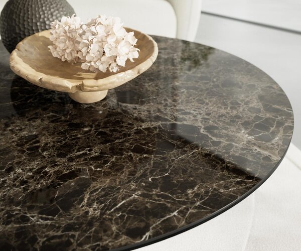 DELIFE Konferenčný stolík Edge okrúhly 100x100 cm keramika Laminam® Emperador Extra Lucidato tmavohnedá Trive nerezová oceľ kefovaná