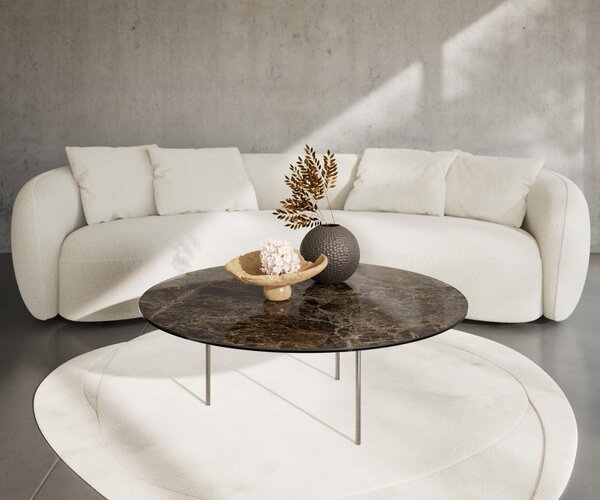 DELIFE Konferenčný stolík Edge okrúhly 100x100 cm keramika Laminam® Emperador Extra Lucidato tmavohnedá Trive nerezová oceľ kefovaná