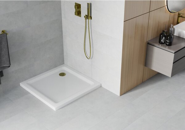 Mexen SLIM - Štvorcová sprchová vanička 70x70x5cm + zlatý sifón, biela, 40107070G