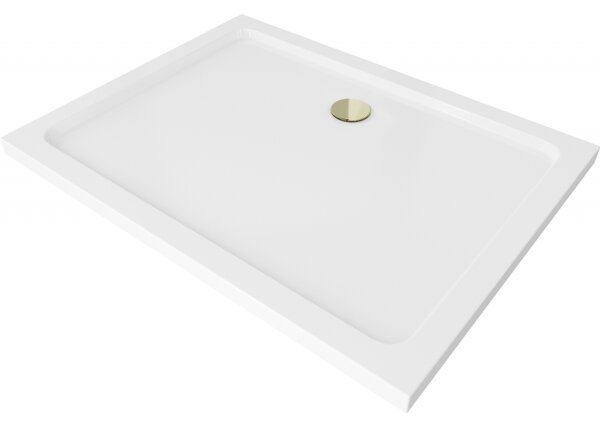 Mexen Flat obdĺžniková sprchová vanička slim 80 x 70 cm, biela, syfon zlatá - 40107080G