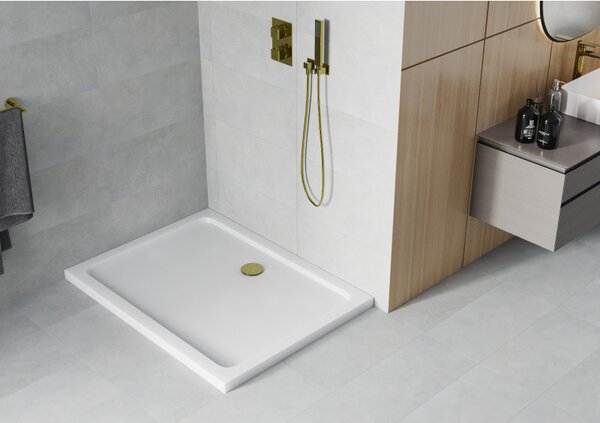 Mexen SLIM - Obdĺžniková sprchová vanička 100x70x5cm + zlatý sifón, biela, 40107010G