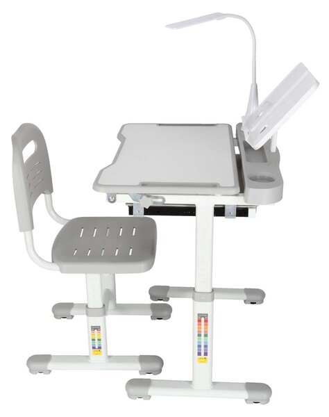 KIK Detský písací stôl so zásuvkou + stolička a lampa, šedá súprava pre deti