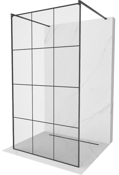 Mexen Kioto, priechodná sprchová zástena 100 x 200 cm, 8mm sklo číre/čierny vzor, 2x čierna stabilizačná rozpera, 800-100-002-70-77