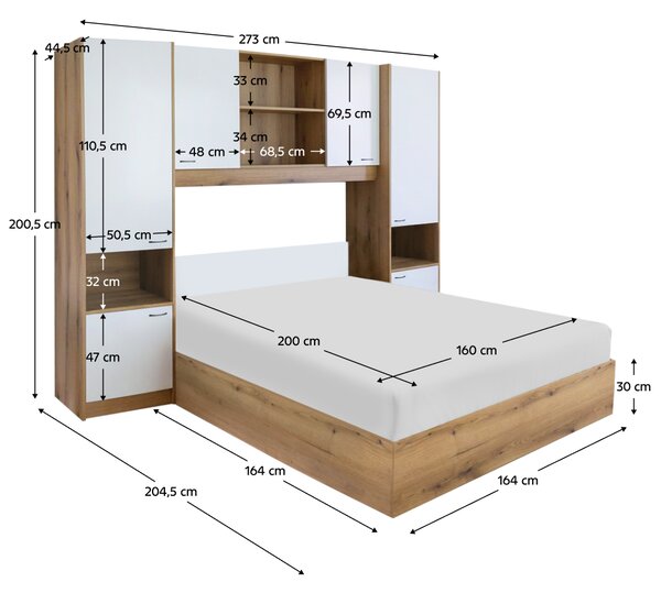 KONDELA Posteľ s nadstavcom, 160x200, biela vysoký lesk HG, MILAGA