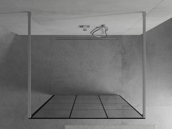 Mexen Kioto, priechodná sprchová zástena 110 x 200 cm, 8mm sklo číre/čierny vzor, 2x chrómová stabilizačná rozpera, 800-110-002-01-77
