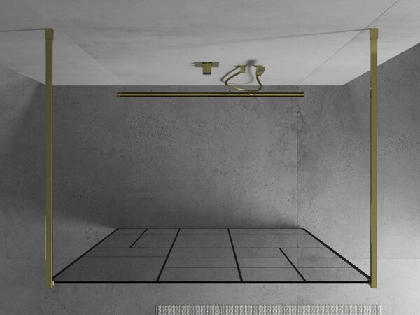 Mexen Kioto, priechodná sprchová zástena 120 x 200 cm, 8mm sklo číre/čierny vzor, 2x zlatá stabilizačná rozpera, 800-120-002-50-78