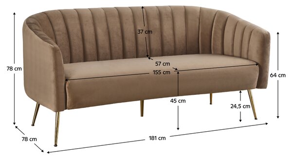 KONDELA Dizajnový 3-sed, hnedá Velvet látka/gold chróm-zlatý, BAGY