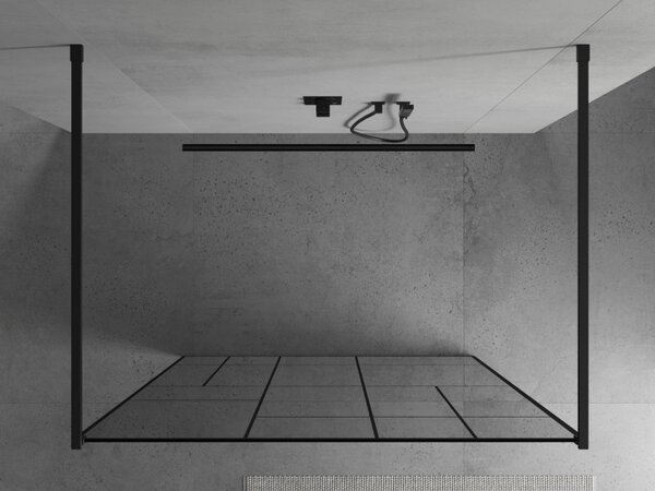 Mexen Kioto, priechodná sprchová zástena 110 x 200 cm, 8mm sklo číre/čierny vzor, 2x čierna stabilizačná rozpera, 800-110-002-70-78