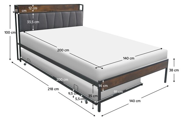 KONDELA Posteľ s roštom a výsuvnou prístelkou, 140x200, čierna/sivá, NORDO