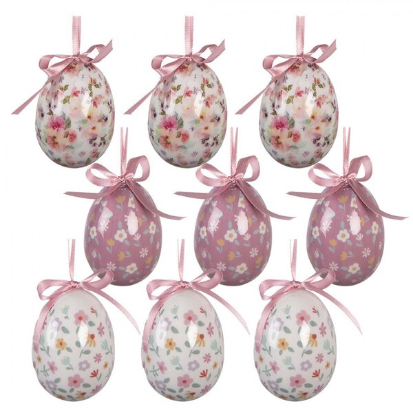 9ks dekorácia bielo-ružové závesné vajíčko s kvetmi Spring Egg - Ø 5*8 cm - Clayre & Eef