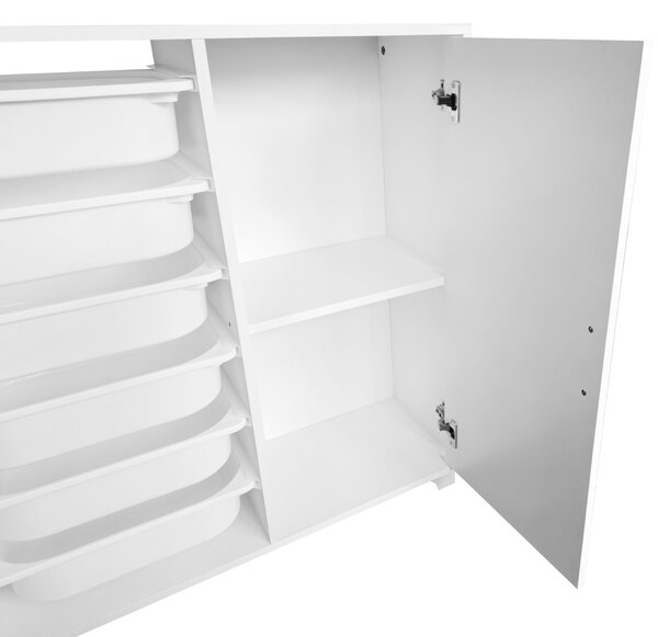KONDELA Regál/skrinka s úložnými boxmi, biela, VELTO