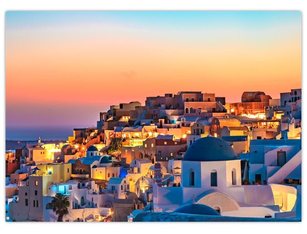 Obraz - Santorini pri zotmení (70x50 cm)