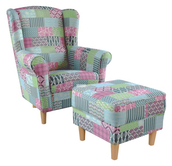 KONDELA Kreslo ušiak s taburetom, látka patchwork M1, ASTRID