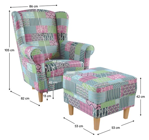 KONDELA Kreslo ušiak s taburetom, látka patchwork M1, ASTRID