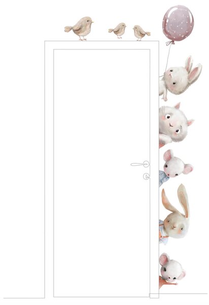 INSPIO-textilná prelepiteľná nálepka - Nálepky na stenu - Akvarelové zvieratká okolo dverí do detskej izby
