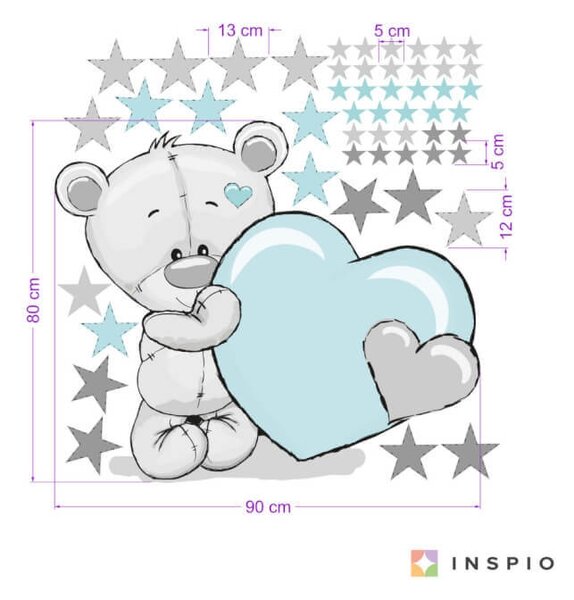 INSPIO-textilná prelepiteľná nálepka - Nálepka na stenu s menom - Medveď s modrým srdiečkom
