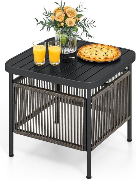 Záhradný ratanový stolík s otvorom na slnečník, model VX90495DE-GL, rozmer 56 x 56 x 49 cm, čierna farba