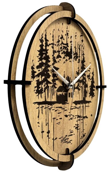 Drevené nástenné hodiny Lesná chatka pri jazere | SENTOP HDF0585-GOLD-OAK