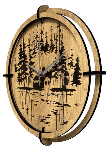 Drevené nástenné hodiny Lesná chatka pri jazere | SENTOP HDF0585-GOLD-OAK