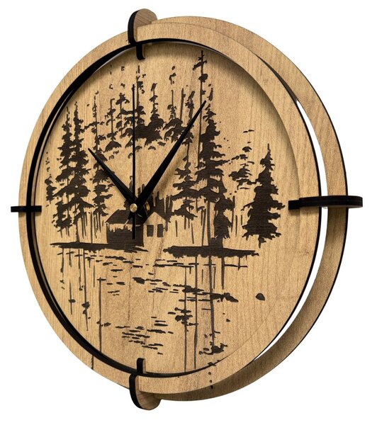 Drevené nástenné hodiny Lesná chatka pri jazere | SENTOP HDF0585-GOLD-OAK