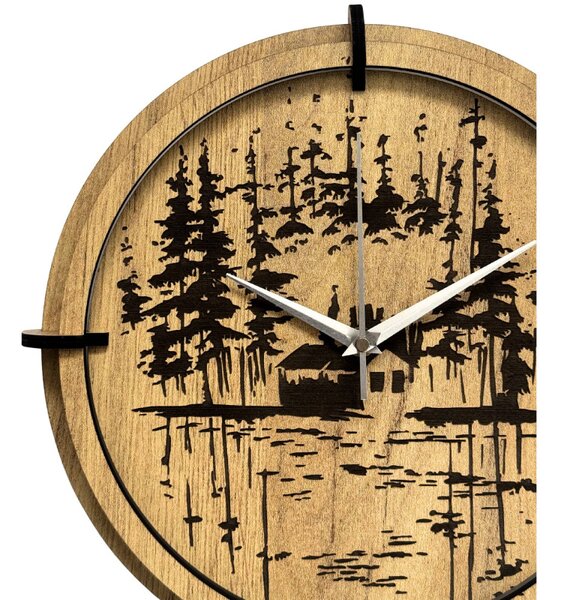 Drevené nástenné hodiny Lesná chatka pri jazere | SENTOP HDF0585-GOLD-OAK