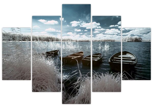 Obraz - Drevené loďky na jazere (150x105 cm)