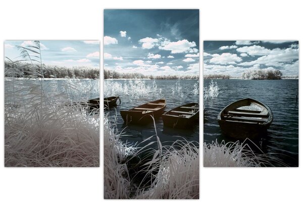 Obraz - Drevené loďky na jazere (90x60 cm)