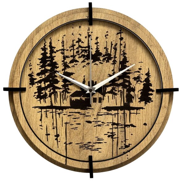 Drevené nástenné hodiny Lesná chatka pri jazere | SENTOP HDF0585-GOLD-OAK