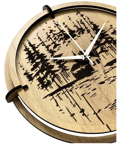 Drevené nástenné hodiny Lesná chatka pri jazere | SENTOP HDF0585-GOLD-OAK