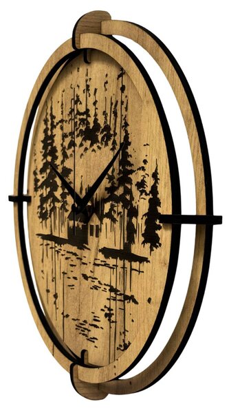 Drevené nástenné hodiny Lesná chatka pri jazere | SENTOP HDF0585-GOLD-OAK