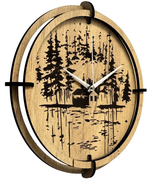 Drevené nástenné hodiny Lesná chatka pri jazere | SENTOP HDF0585-GOLD-OAK