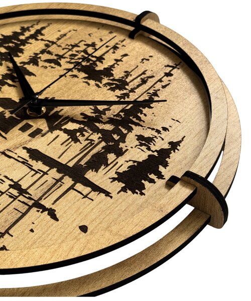 Drevené nástenné hodiny Lesná chatka pri jazere | SENTOP HDF0585-GOLD-OAK