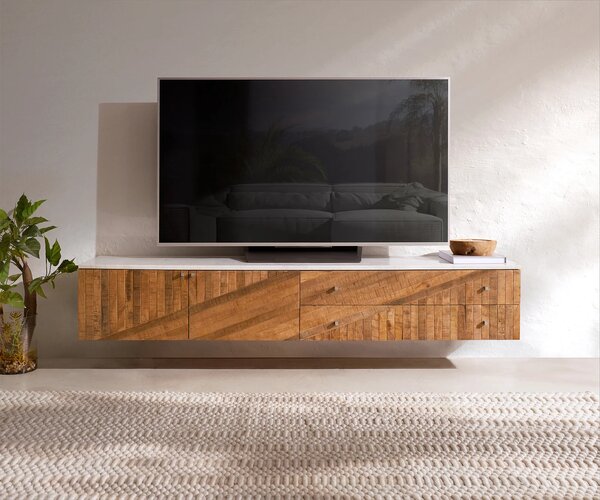 DELIFE TV stolík Bahan 175 cm mango teak 2 dvierka 2 zásuvky mramorová doska biela závesný