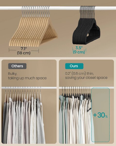 SONGMICS Sametové vešiaky 50 ks s otočným háčikom 43,5 cm čierna
