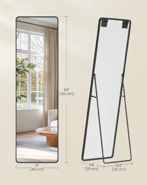 SONGMICS Stojanové zrkadlo s čiernym rámom obdĺžnik 150 x 40 cm čierna