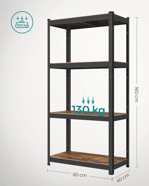 SONGMICS Oceľový regál s nosnosťou až 520 kg 80 x 160 x 40 cm hnedá čierna