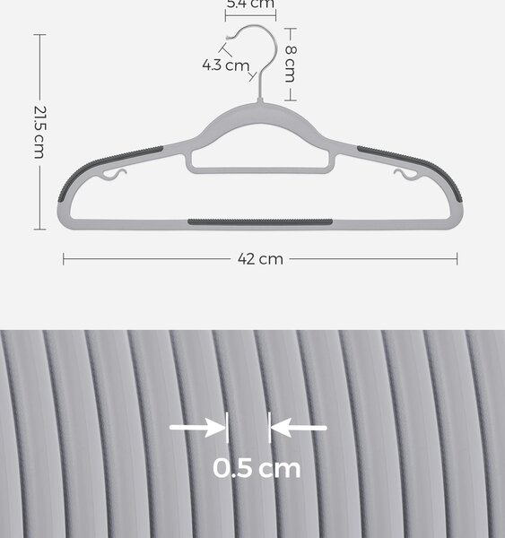 SONGMICS Vešiaky na kabáty 50 ks protišmykové 42 cm šedá