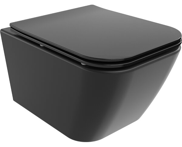 Mexen Madox, Rimless závesná wc misa 515x365x350 mm s pomaly padajúcim sedátkom SLIM z duroplastu, čierna matná, 30154070