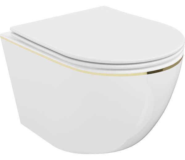 Mexen Lena WC misa Rimless so sedadlom s pomalým zatváraním slim, duroplast, biela/zlatá línia - 30224005