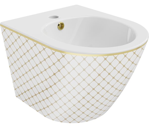 Mexen Lena, závesný bidet 480x370x325 mm, biela - zlatý vzor, 35224809