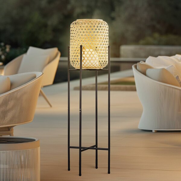 LED dobíjacia stojacia lampa Lucande Adebi, čierna, bambus, Ø32,5cm, Čierna, Hliník, Vidiecky / Rustikálny, Stojaca lampa