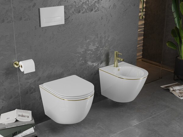 Mexen Lena, závesný bidet 480x370x325 mm, biela - zlatý okraj, 35224805