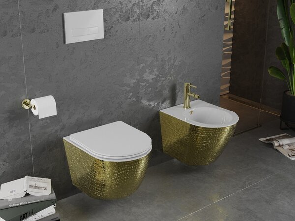 Mexen Lena, závesný bidet 480x370x325 mm, biela - zlatý vzor, 35224808