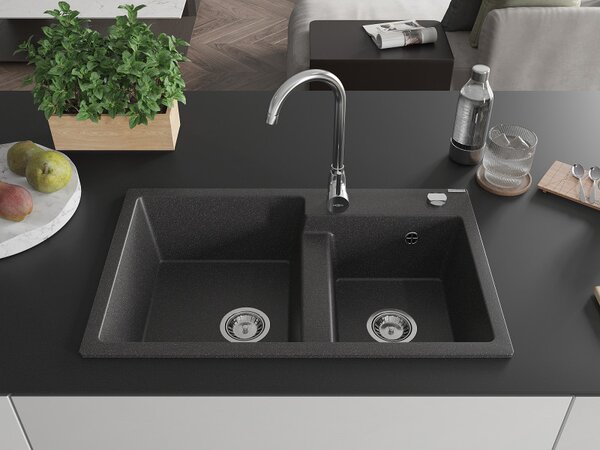 Mexen Tomas, granitový drez 800x500x190 mm, 2-komorový, čierna škvrnitá, 6516802000-76
